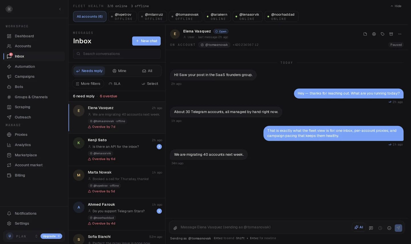 The TelegramOS shared inbox: an account rail across the top, a conversation list, and an open thread with replies