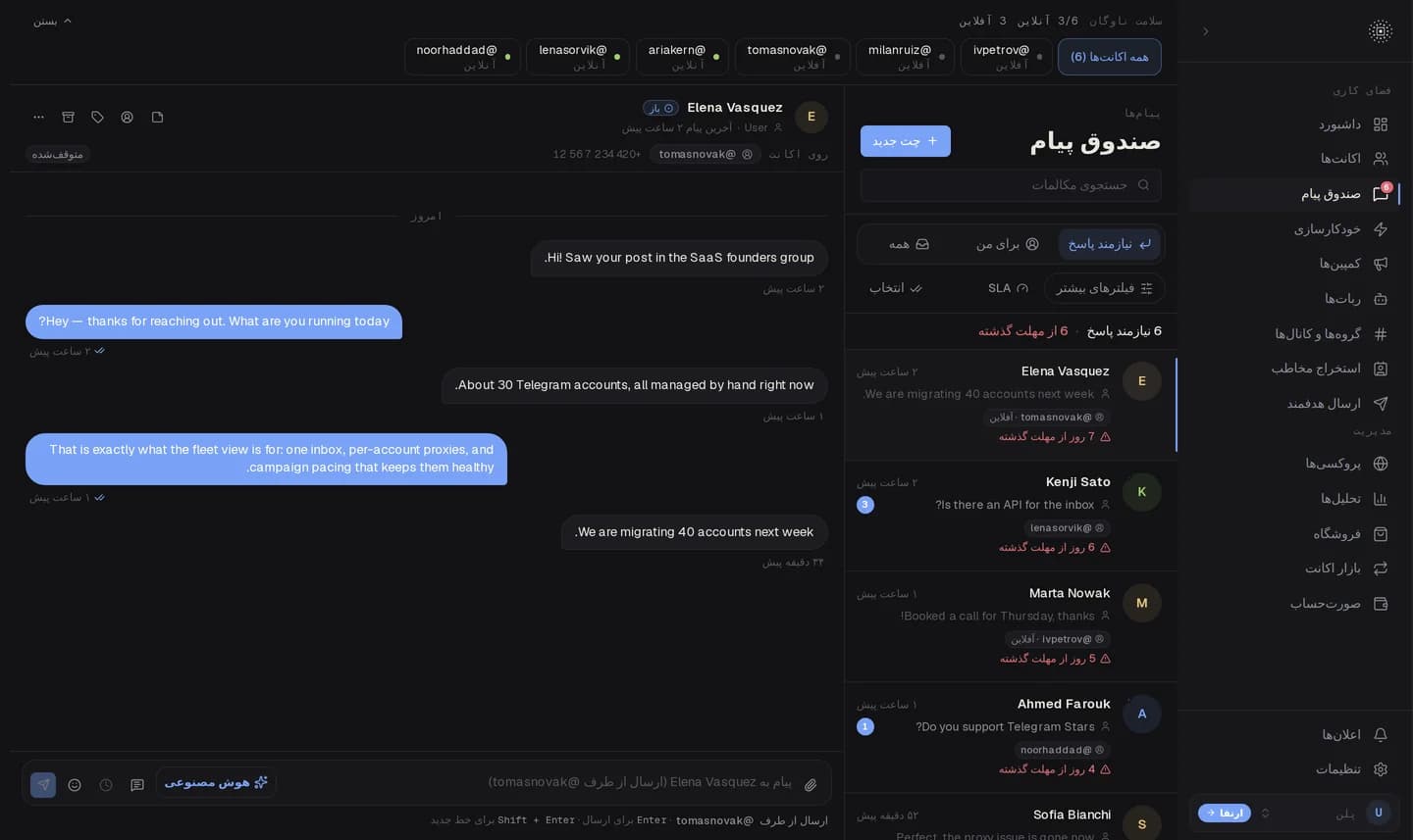 صندوق پیام مشترک TelegramOS با فهرست اکانتها، گفتگوها و یک گفتگوی باز با مشتری